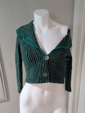 VTG 1960s Green Striped Off-the-Shoulder Cropped Sweater W/ Contrast Trim Sz 10